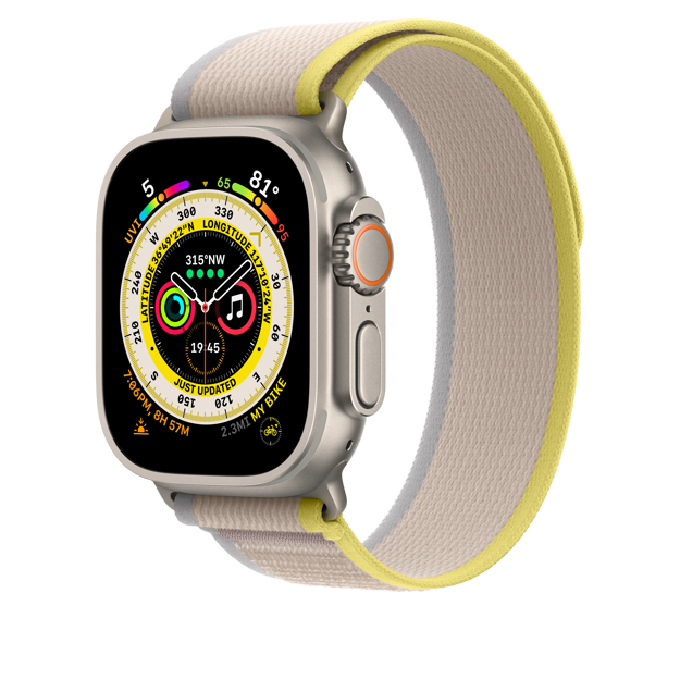 Picture of Apple Watch Ultra GPS + Cellular, 49mm Titanium Case with Yellow/Beige Trail Loop - S/M Currently showing:
