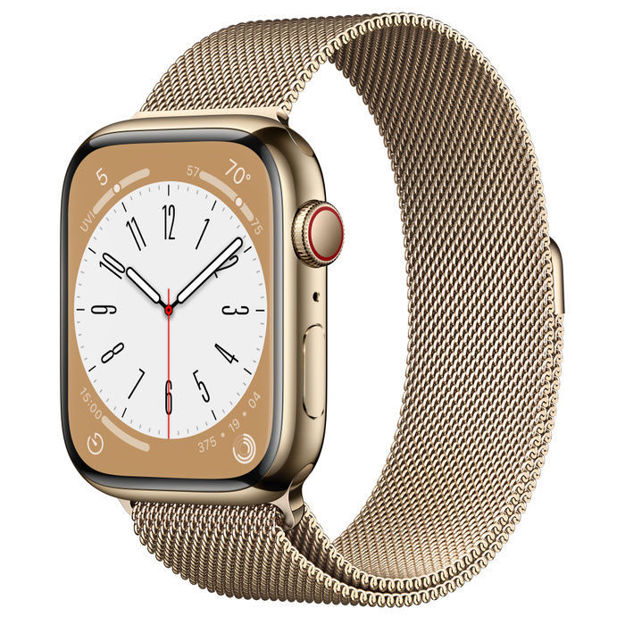 Picture of Apple Watch Series 8 GPS + Cellular 45mm Gold Stainless Steel Case with Gold Milanese Loop Currently showing: