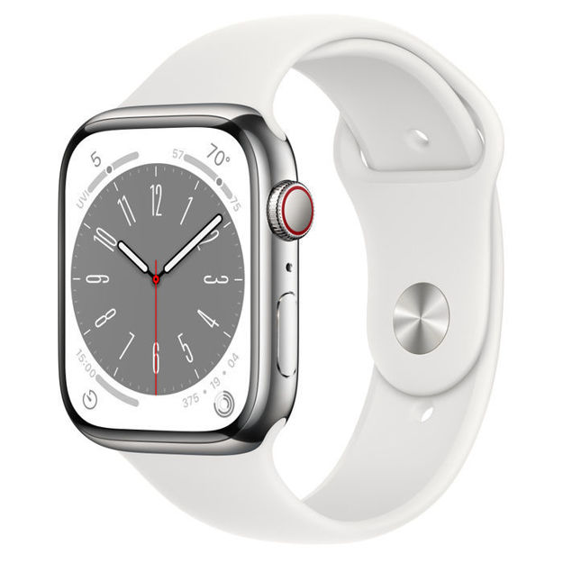 Picture of Apple Watch Series 8 GPS + Cellular 45mm Silver Stainless Steel Case with White Sport Band - S/M