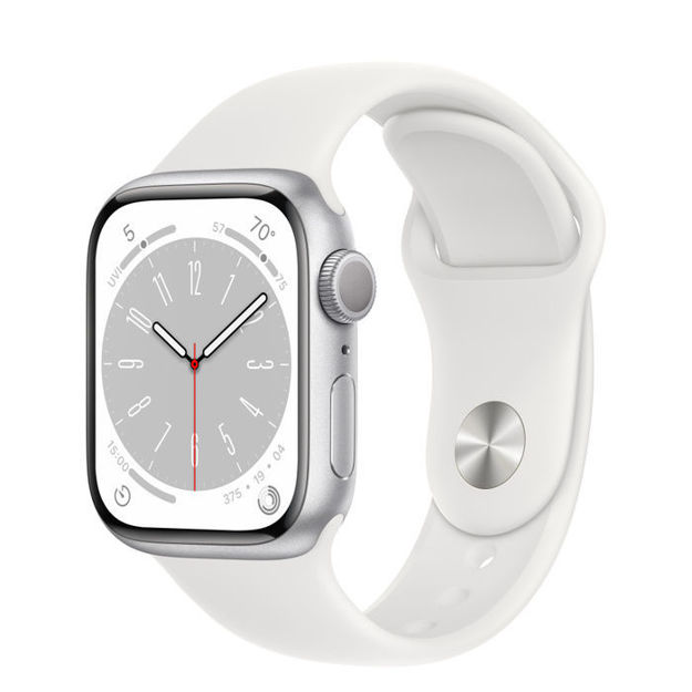 Picture of Apple Watch Series 8 GPS 45mm Silver Aluminum Case with White Sport Band - M/L