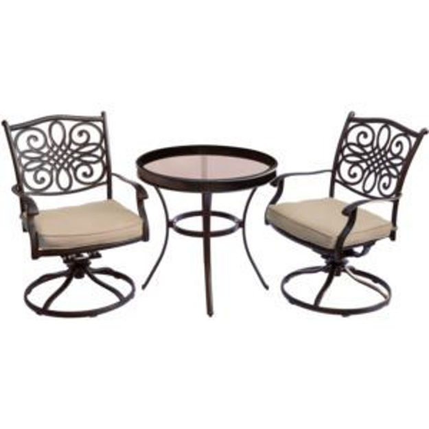 Picture of Traditions 3-Piece Swivel Bistro Set in Tan with 30 in. Glass-top Table