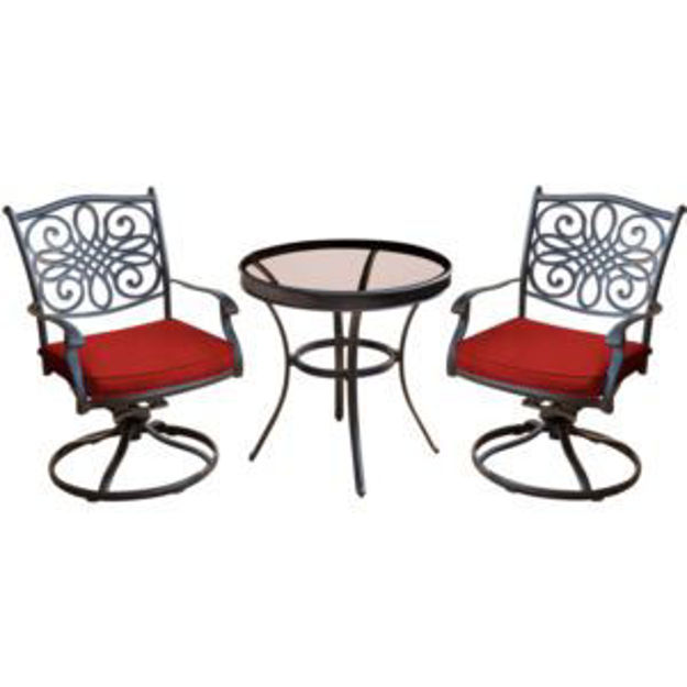 Picture of Traditions 3-Piece Swivel Bistro Set in Red with a 30 in. Glass-top Table