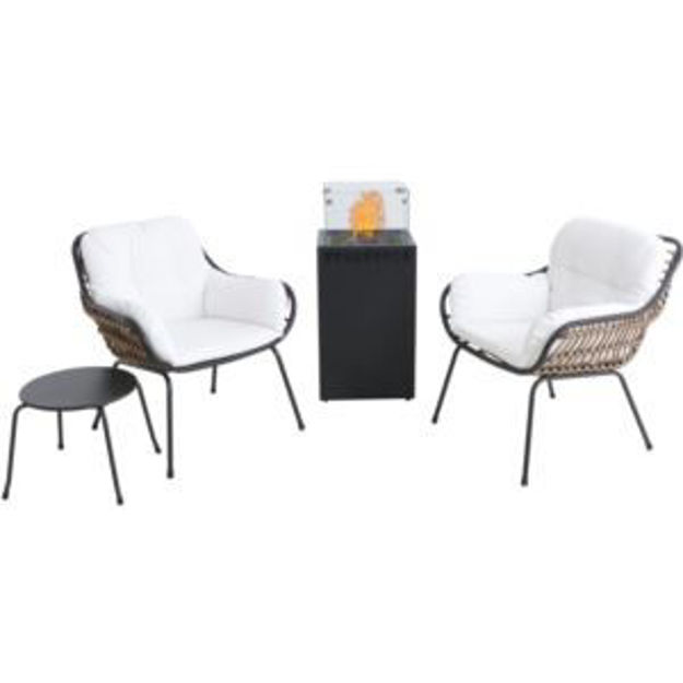 Picture of Naya 4-Piece Chat Set in White featuring a 40,000 BTU Column Fire Pit