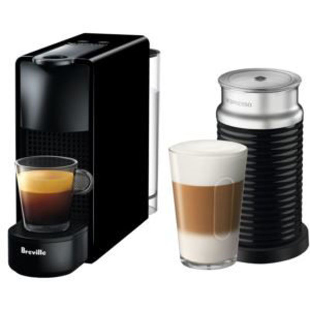 Picture of Nespresso Essenza Mini Single-Serve Machine in Piano Black and Aeroccino Milk Frother in Black