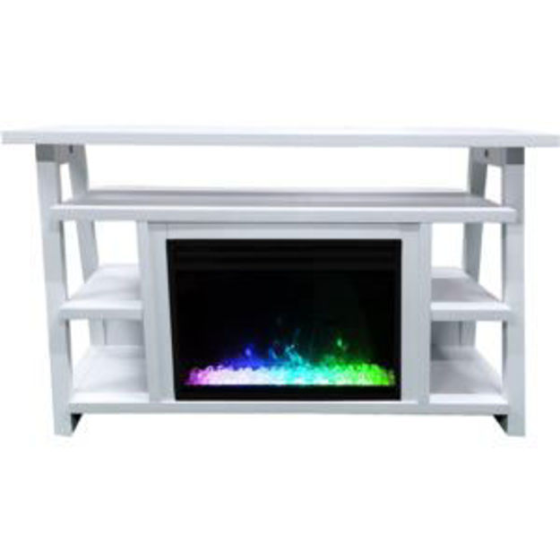 Picture of Sawyer 53-In. Fireplace TV Stand with Shelves in White and Electric Heater Insert in White with Crys