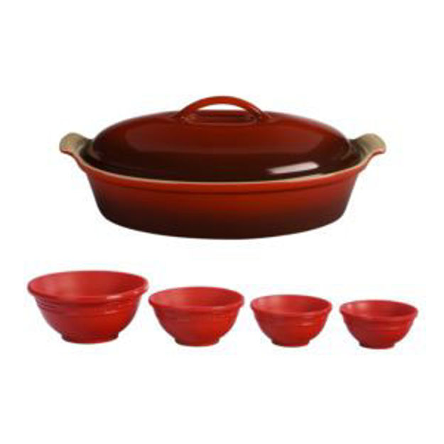 Picture of 4qt Heritage Stoneware Covered Oval Casserole w/ Prep Bowls Cerise