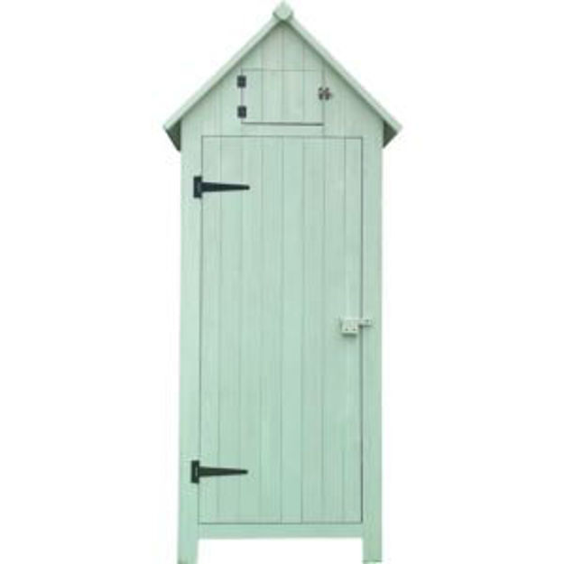 Picture of Outdoor Wooden Storage Shed with Pitched Roof, 3 Shelves and Locking Latch in Green 2.5 Ft. W x 1.7