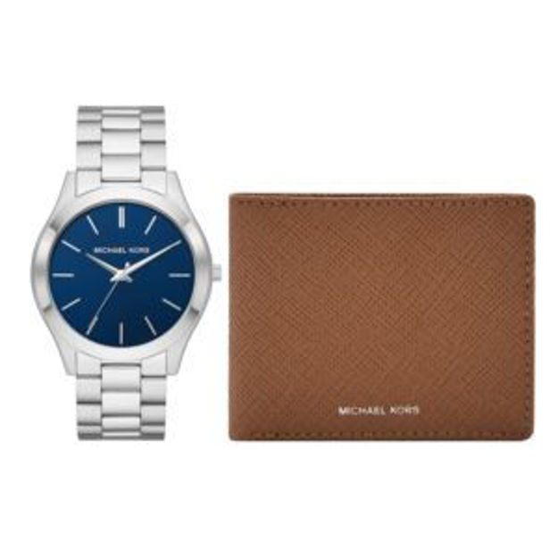 Picture of Mens Slim Runway Silver-Tone & Blue Dial Watch w/ Leather Wallet