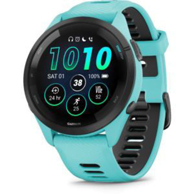 Picture of Forerunner 265, Black Bezel and 46mm Aqua Case with Aqua Silicone Band