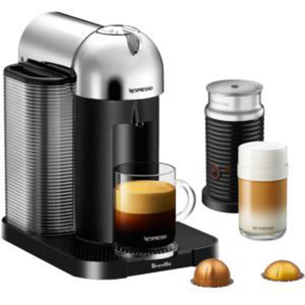 Picture of Nespresso Vertuo Coffee & Espresso Single-Serve Machine in Chrome and Aeroccino Milk Frother in Blac
