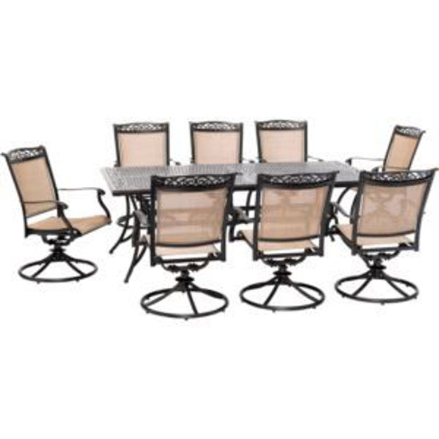 Picture of Fontana 9-Piece Outdoor Dining Set with 8 Sling Swivel Rockers and a 42-In. x 84-In. Cast-Top Table