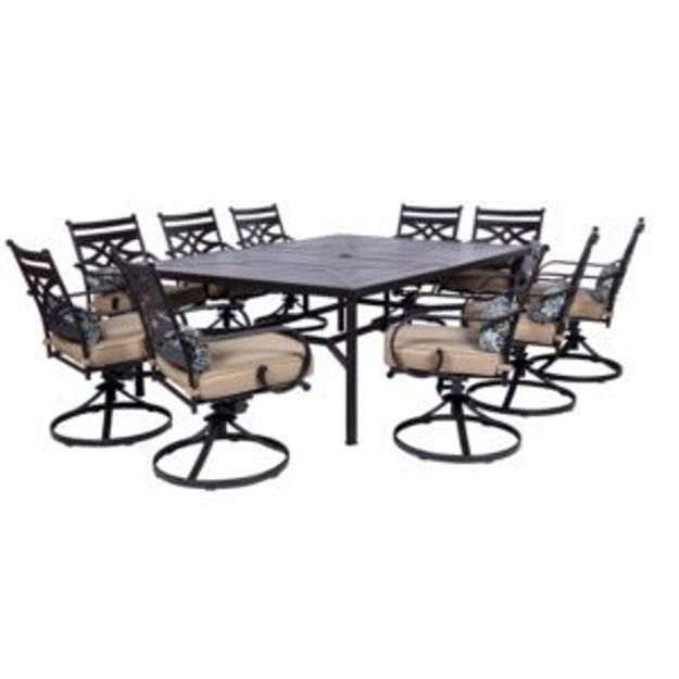 Picture of Montclair 11-Piece Dining Set in Tan with 10 Swivel Rockers and a 60-In. x 84-In. Table