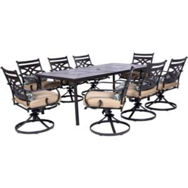 Picture of Montclair 9-Piece Dining Set in Tan with 8 Swivel Rockers and a 42-In. x 84-In. Table