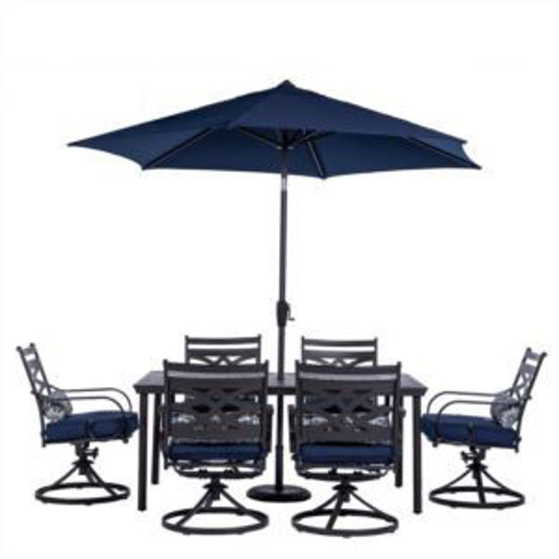 Picture of Montclair 7-Piece Dining Set in Navy Blue with 6 Swivel Rockers, 40-In. x 66-In. Dining Table and 9-