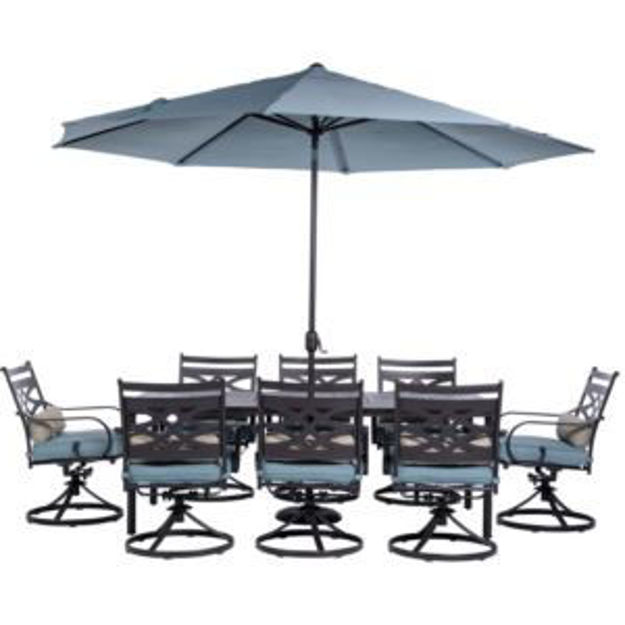 Picture of Montclair 9-Piece Dining Set in Ocean Blue with 8 Swivel Rockers, 42-In. x 84-In. Table, 11 Ft. Umbr