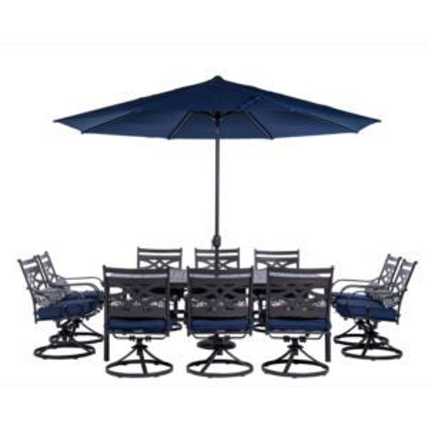 Picture of Montclair 11-Piece Dining Set in Navy Blue with 10 Swivel Rockers, 60-In. x 84-In. Table, 11-Ft. Umb