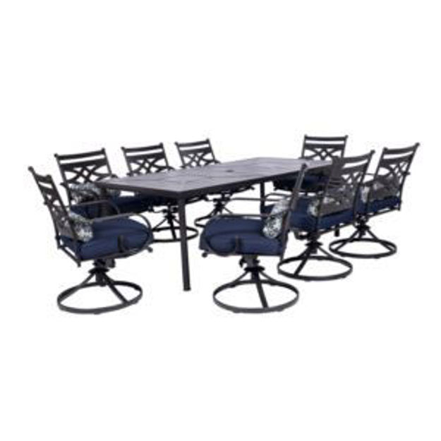 Picture of Montclair 9-Piece Dining Set in Navy Blue with 8 Swivel Rockers and a 42-In. x 84-In. Table