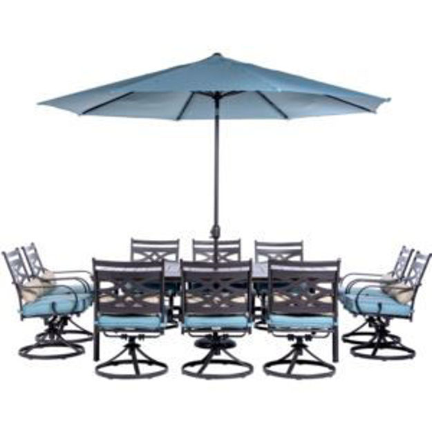 Picture of Montclair 11-Piece Dining Set in Ocean Blue with 10 Swivel Rockers, 60-In. x 84-In. Table, 11-Ft. Um