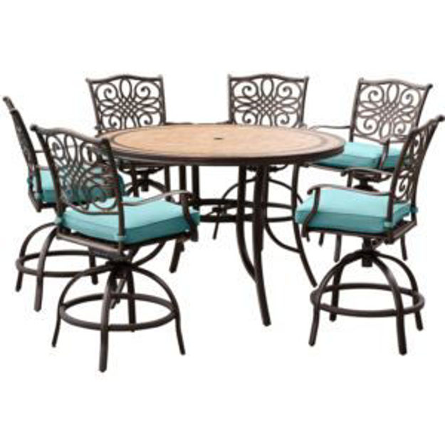 Picture of Monaco 7-Piece High-Dining Set in Blue with a 56 In. Tile-top Table and 6 Swivel Chairs