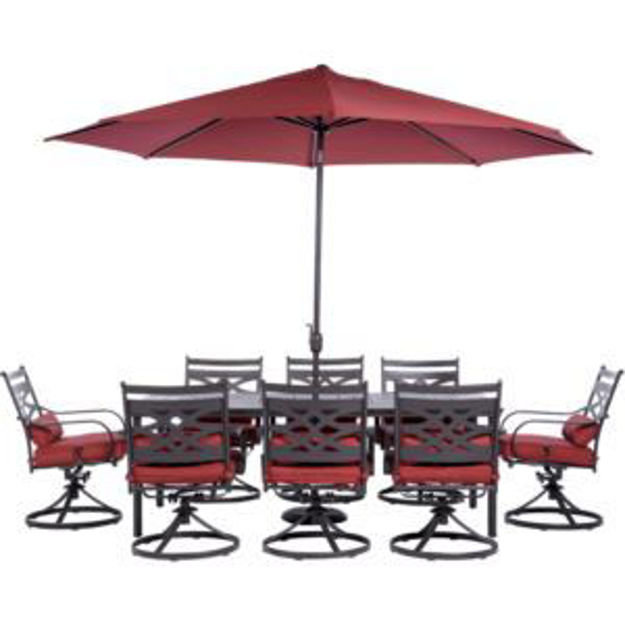 Picture of Montclair 9-Piece Dining Set in Chili Red with 8 Swivel Rockers, 42-In. x 84-In. Table, 11 Ft. Umbre