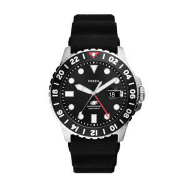 Picture of Men's Fossil Blue GMT Black Silicone Strap Watch Black Dial