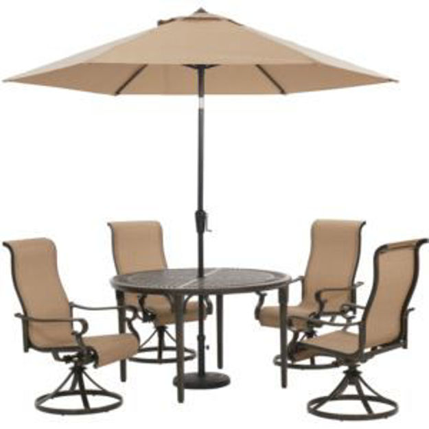 Picture of Brigantine 5-Piece Outdoor Dining Set with 4 Sling Swivel Rockers, 50-In. Round Cast-Top Table, 9-Ft