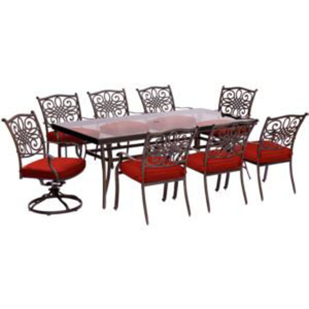 Picture of Traditions 9-Piece Dining Set in Red with Extra Large Glass-Top Dining Table, 2 Swivel Rockers, and