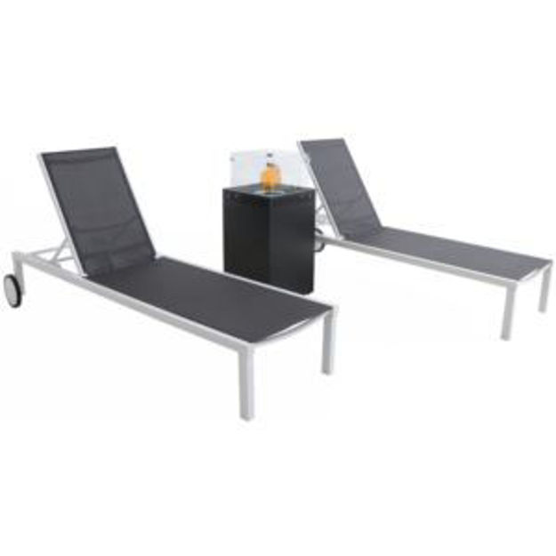 Picture of Windham 3-Piece Chaise Lounge Set featuring a 40,000 BTU Column Fire Pit, White Frame/Gray Sling