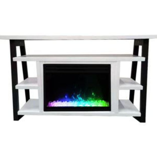 Picture of Sawyer 53-In. Fireplace TV Stand with Shelves in White and Electric Heater Insert in Black with Crys