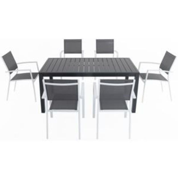 Picture of Naples 7-Piece Outdoor Dining Set with 6 Sling Chairs in Gray/White and a 63" x 35" Dining Table