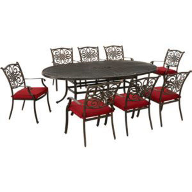 Picture of Traditions 9-Piece Dining Set in Red with Eight Stationary Dining Chairs and 95-in. x 60-in. Oval Ca