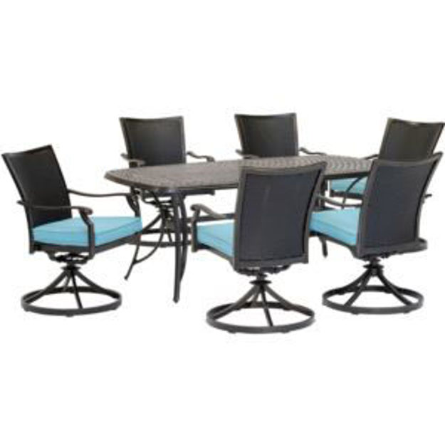 Picture of Traditions 7-Piece Dining Set in Blue with 6 Wicker Back Swivel Rockers and Large 38 in. x 72 in. Ca