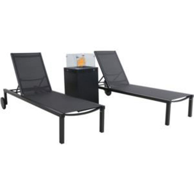 Picture of Windham 3-Piece Chaise Lounge Set featuring a 40,000 BTU Column Fire Pit, Gray Frame/Gray Sling