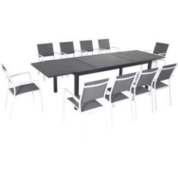 Picture of Naples 11-Piece Outdoor Dining Set with 10 Sling Chairs in Gray/White and a 40" x 118" Expandable Di