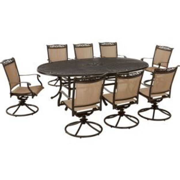 Picture of Fontana 9-Piece Outdoor Dining Set with 8 Sling Swivel Rockers and a 95-in. x 60-in. Oval Cast-Top D