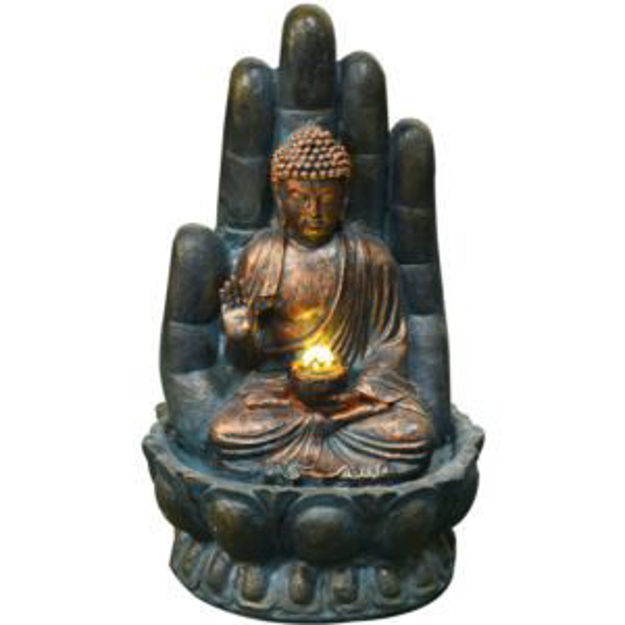 Picture of 21-In. Sitting Lotus Buddha Hand of Protection Water Fountain Statue with LED Lights for Indoor Home