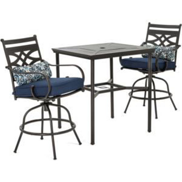 Picture of Montclair 3-Piece High-Dining Set in Navy Blue with 2 Swivel Chairs and a 33-Inch Square Table