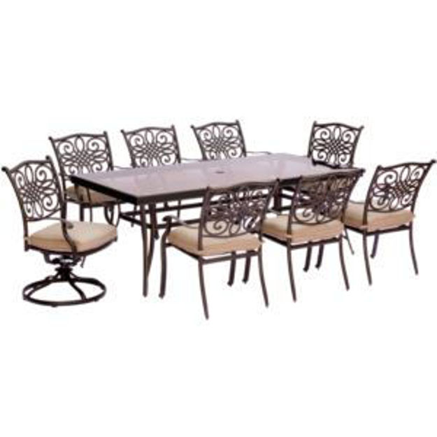 Picture of Traditions 9-Piece Dining Set in Tan with Extra Large Glass-Top Dining Table