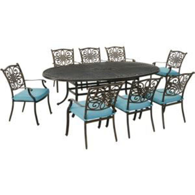 Picture of Traditions 9-Piece Dining Set in Blue with Eight Stationary Dining Chairs and 95-in. x 60-in. Oval C