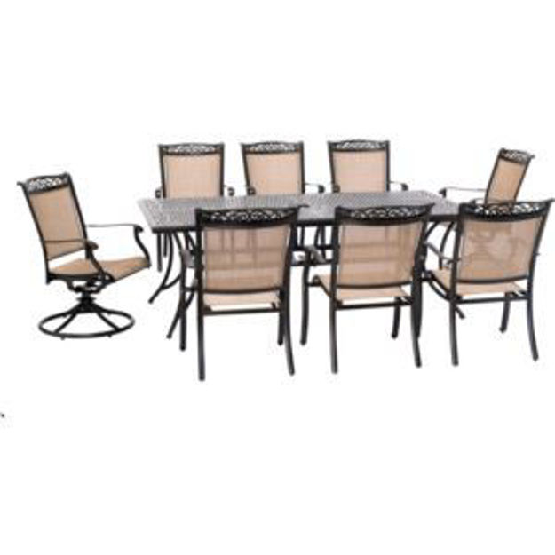 Picture of Fontana 9-Piece Outdoor Dining Set with 2 Sling Swivel Rockers, 6 Sling Chairs, and a 42-In. x 84-In