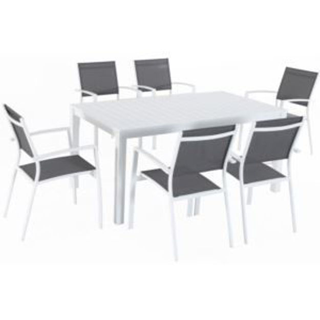 Picture of Del Mar 7-Piece Outdoor Dining Set with 6 Sling Chairs in Gray/White and a 63" x 35" Dining Table