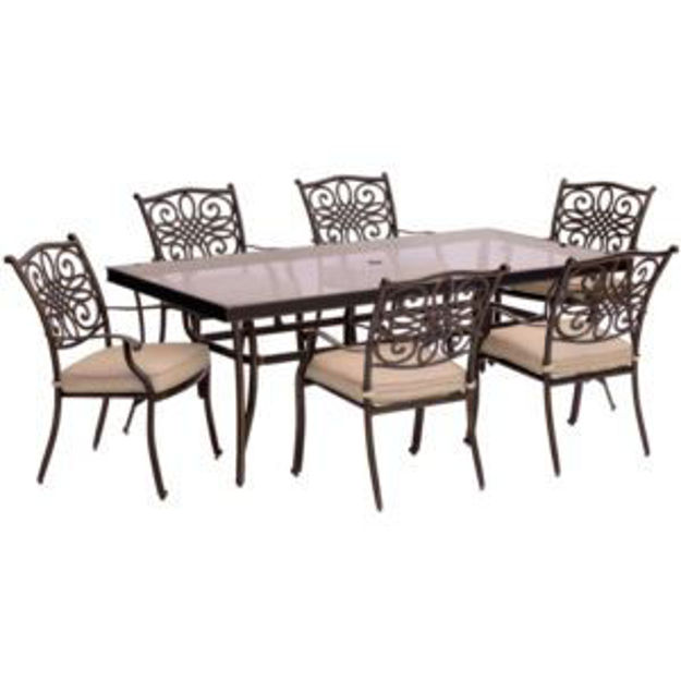 Picture of Traditions 7-Piece Dining Set in Tan with Extra Large Glass-Top Dining Table