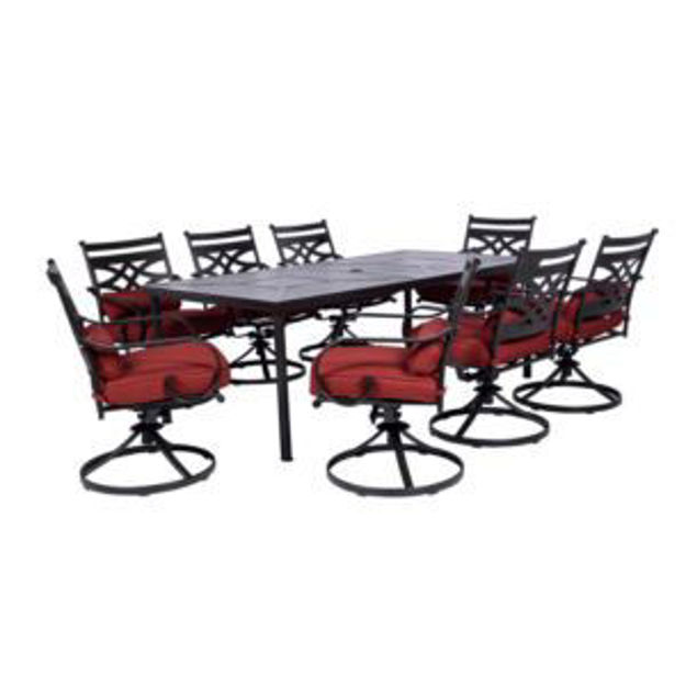 Picture of Montclair 9-Piece Dining Set in Chili Red with 8 Swivel Rockers and a 42-In. x 84-In. Table