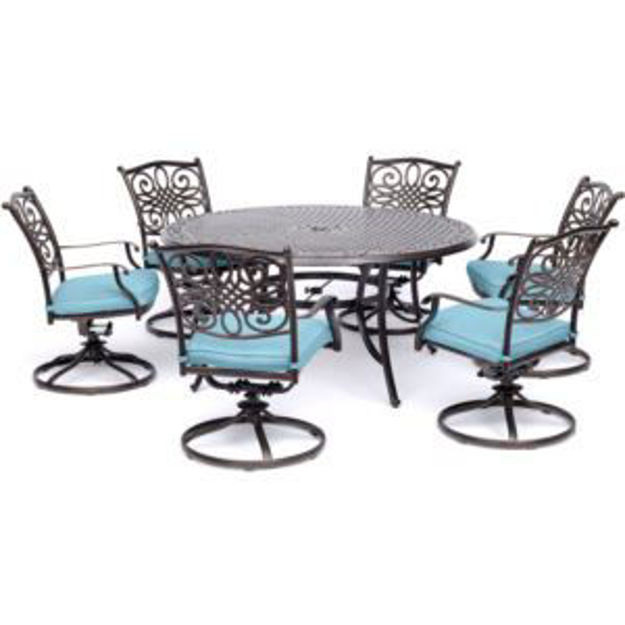 Picture of Traditions 7-Piece Dining Set in Blue with a 60 In. Round Cast-top Table and Six Swivel Rockers