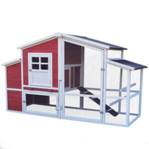 Picture of Outdoor Wooden Chicken Coop with Ramp, Wire Mesh Run, Waterproof Roof, Removable Tray 6.58-Ft. x 2.6