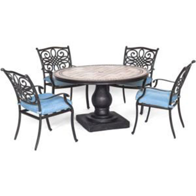 Picture of Monaco 5-Piece Patio Dining Set in Blue with 4 Cushioned Dining Chairs and a 51-In. Tile-Top Table