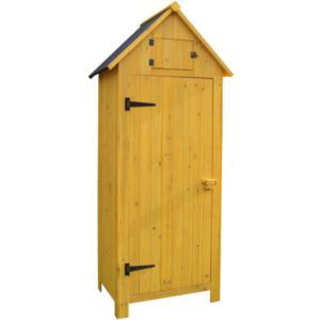 Picture of Outdoor Wooden Storage Shed with Pitched Roof, 3 Shelves and Locking Latch in Yellow 2.5 Ft. W x 1.7