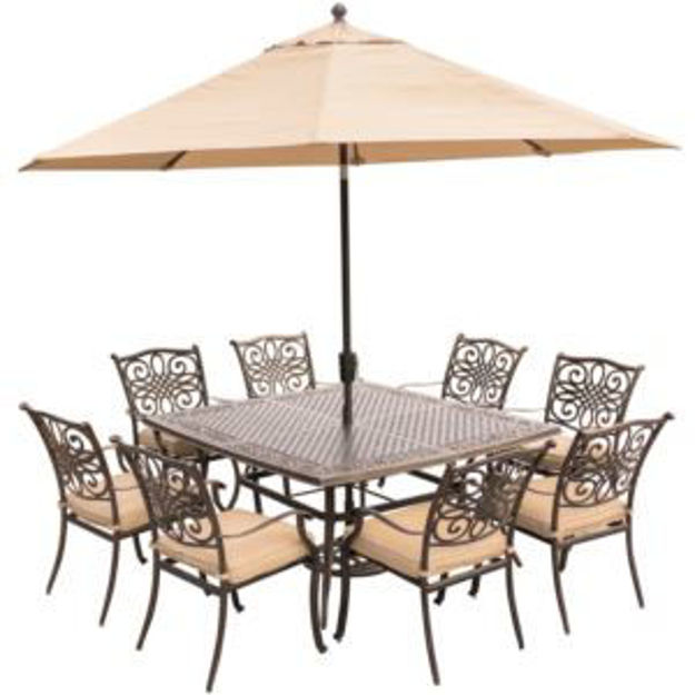 Picture of Traditions 9-Piece Dining Set in Tan with Square 60 In. Cast-Top Dining Table, 11 Ft. Table Umbrella