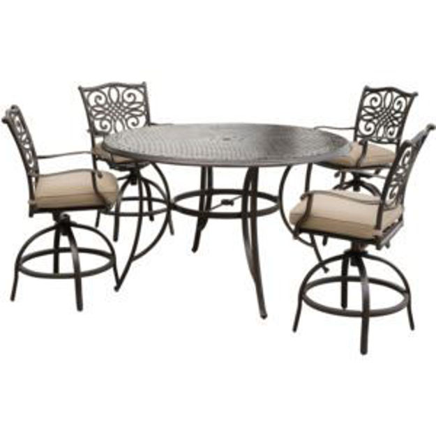 Picture of Traditions 5-Piece High-Dining Set in Tan with 4 Swivel Chairs and a 56 In. Cast-top Table