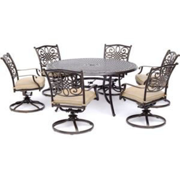 Picture of Traditions 7-Piece Dining Set in Tan with a 60 In. Round Cast-top Table and Six Swivel Rockers